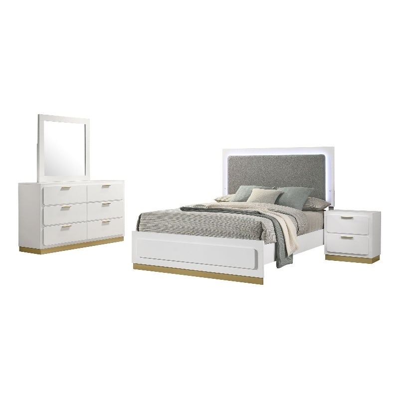 Caer 4pc Queen Bedroom Set in White- Gold Accents- Gray Upholstery