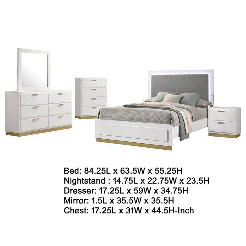 Caer 5pc Queen Bedroom Set in White- Gold Accents- Gray Upholstery