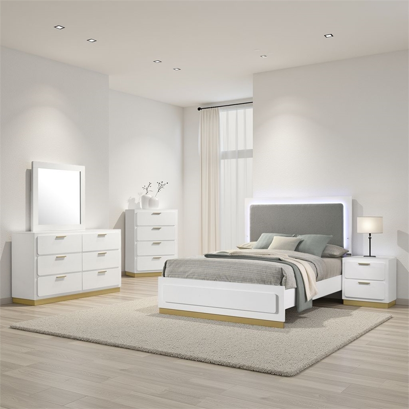 Caer 5pc Queen Bedroom Set in White- Gold Accents- Gray Upholstery