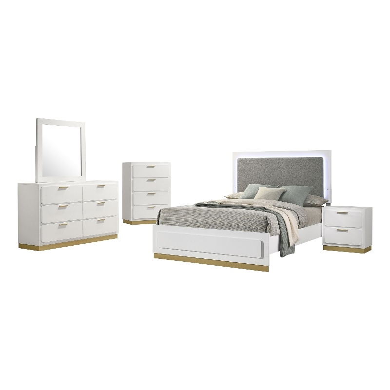 Caer 5pc Queen Bedroom Set in White- Gold Accents- Gray Upholstery