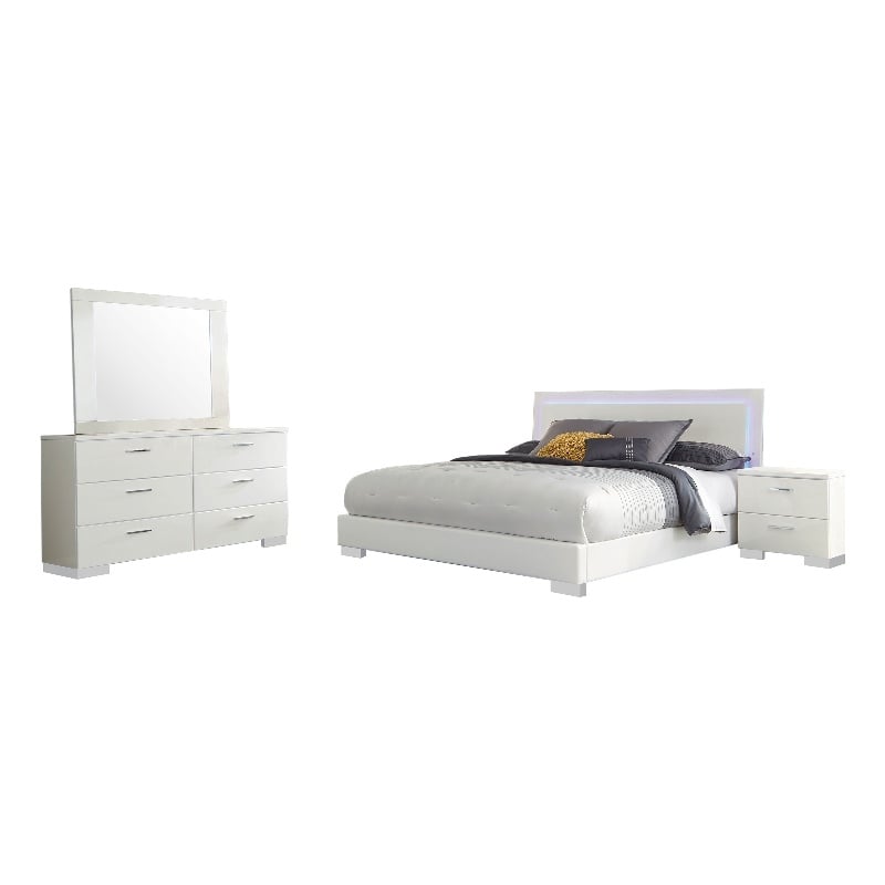 Sok 4pc Queen Bedroom Set- Faux Leather Upholstery- High Gloss White