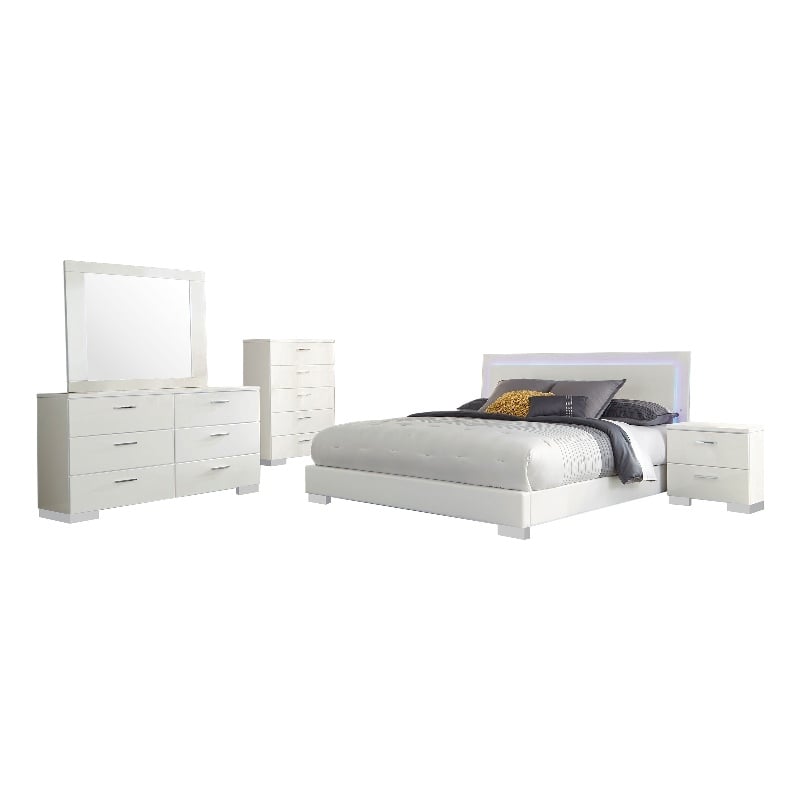 Sok 5pc Queen Bedroom Set- Faux Leather Upholstery- High Gloss White