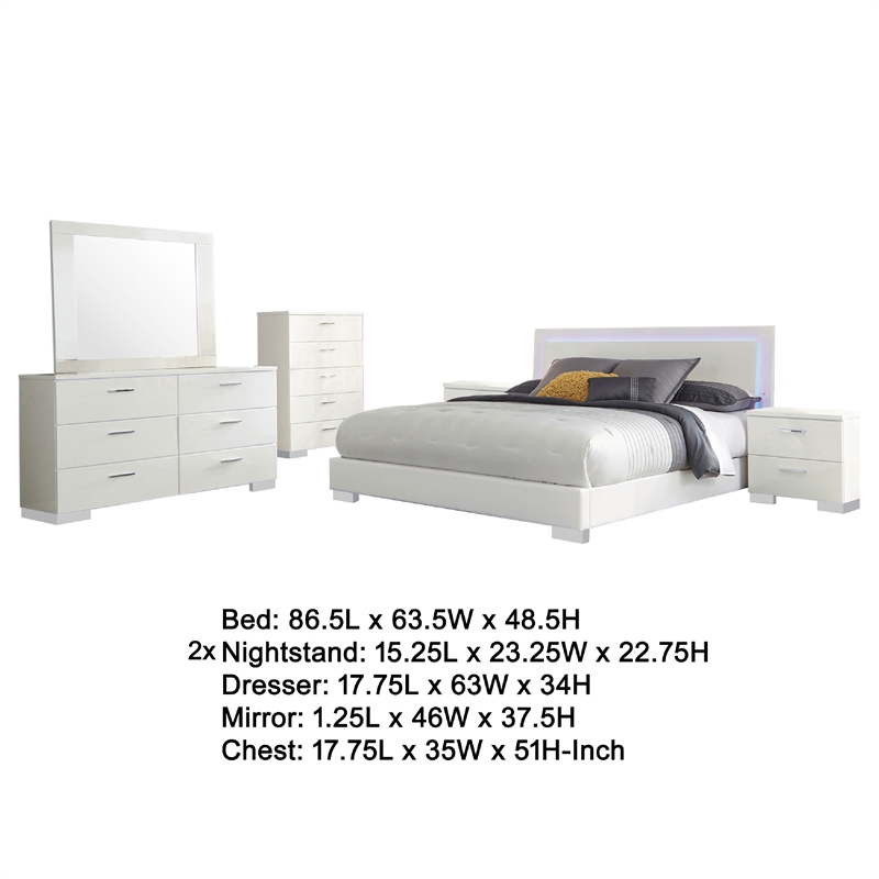 Sok 6pc Queen Bedroom Set- Faux Leather Upholstery- High Gloss White