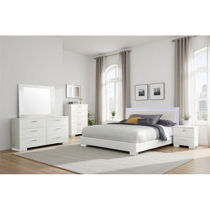 Sok 6pc Queen Bedroom Set- Faux Leather Upholstery- High Gloss White