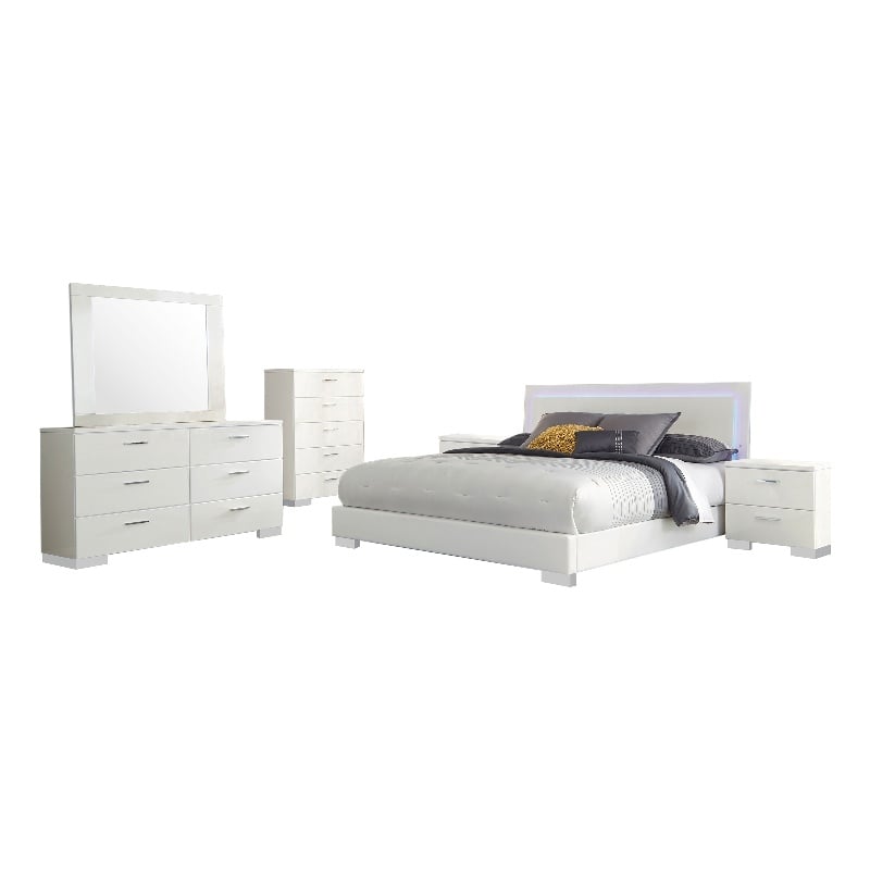 Sok 6pc Queen Bedroom Set- Faux Leather Upholstery- High Gloss White