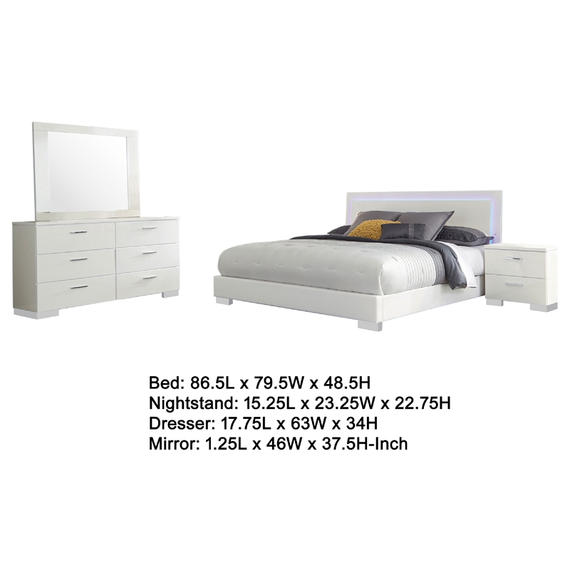 Sok 4pc King Bedroom Set- Faux Leather Upholstery- High Gloss White