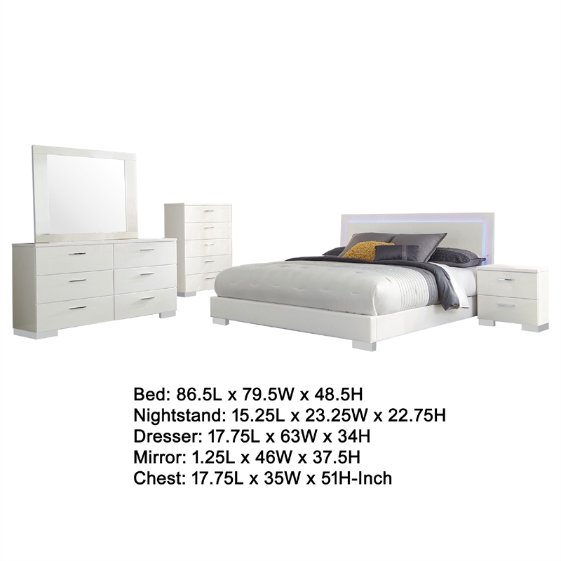 Sok 5pc King Bedroom Set- Faux Leather Upholstery- High Gloss White