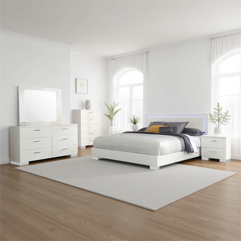 Sok 5pc King Bedroom Set- Faux Leather Upholstery- High Gloss White