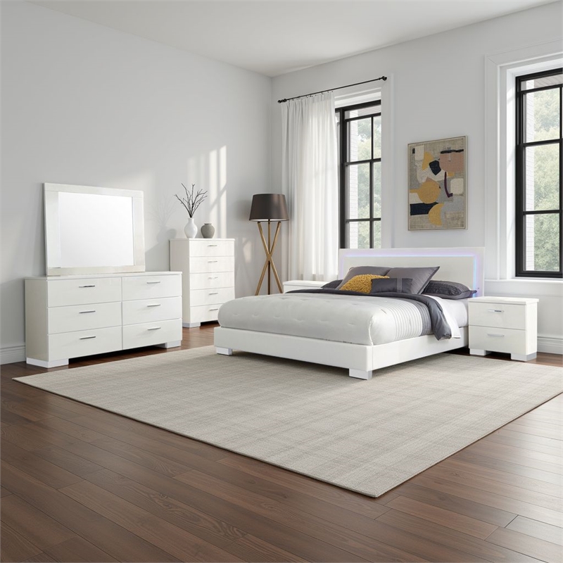 Sok 6pc King Bedroom Set- Faux Leather Upholstery- High Gloss White