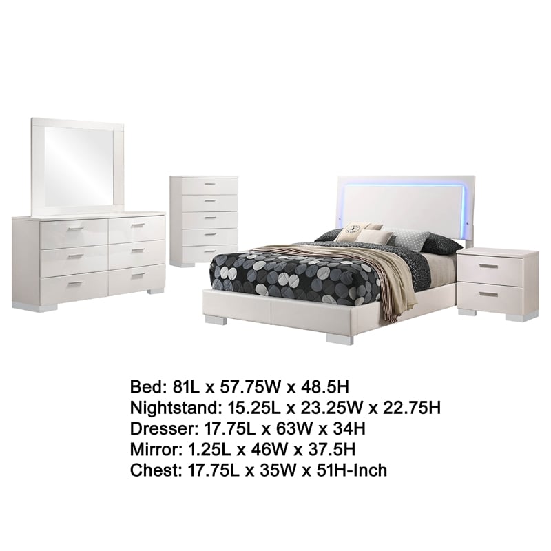 Sok 5pc Full Bedroom Set with Blue LED Lights- White High Gloss Wood