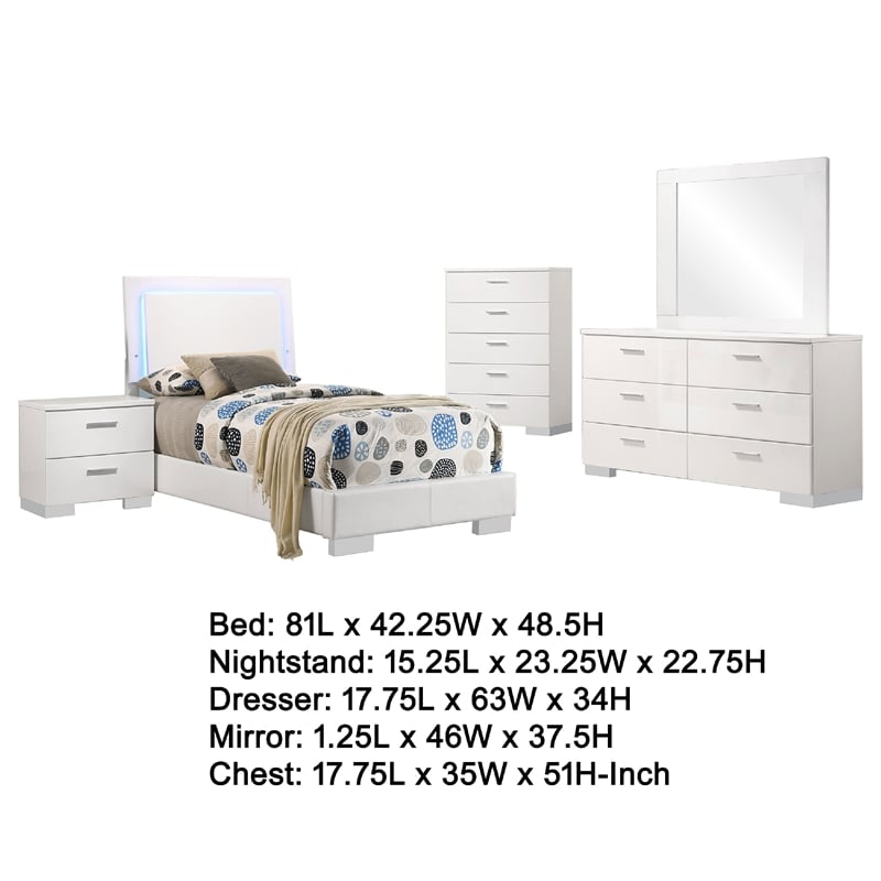 Sok 5pc Twin Bedroom Set with Blue LED Lights- White High Gloss Wood