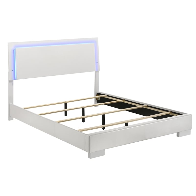 Sok 4pc Queen Bedroom Set- Faux Leather- Blue LED Lights- White Wood