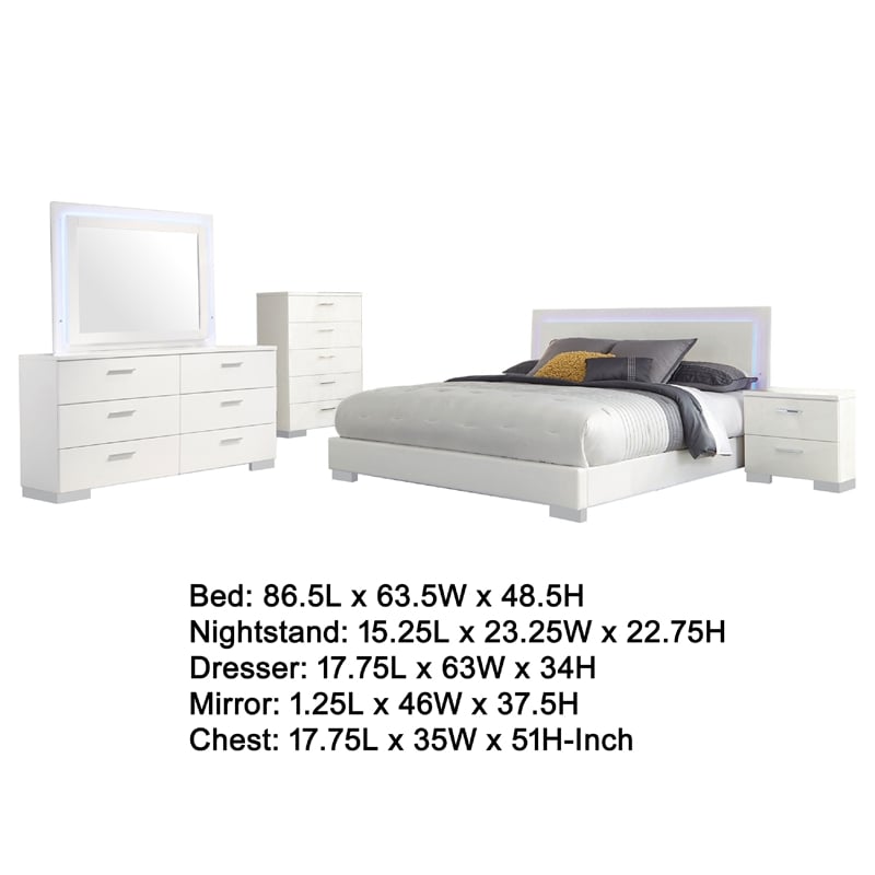 Sok 5pc Queen Bedroom Set- Faux Leather- Blue LED Lights- White Wood