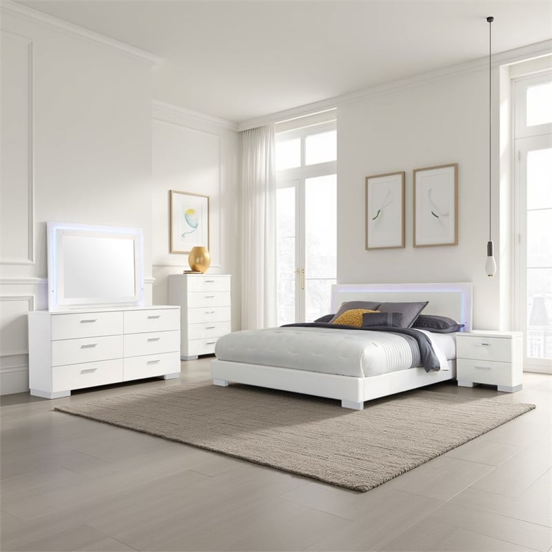 Sok 5pc Queen Bedroom Set- Faux Leather- Blue LED Lights- White Wood