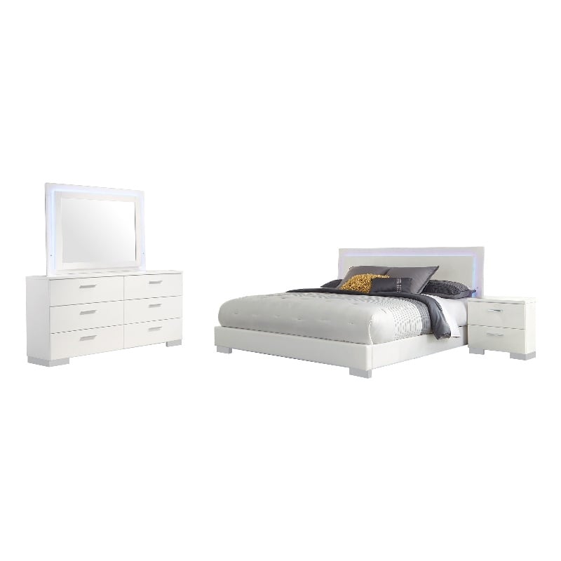 Sok 4pc King Bedroom Set- Blue LED Lights- Faux Leather- White Wood