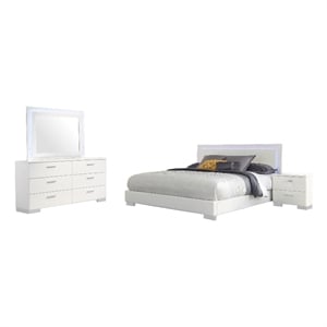 Sok 4pc King Bedroom Set- Blue LED Lights- Faux Leather- White Wood
