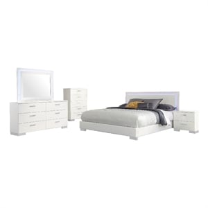 Sok 5pc King Bedroom Set- Blue LED Lights- Faux Leather- White Wood