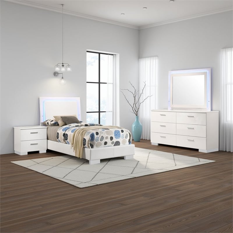 Sok 4pc Twin Bedroom Set- Blue LED Lights- Faux Leather- White Wood
