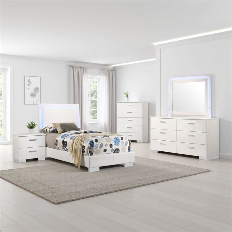 Sok 5pc Twin Bedroom Set- Blue LED Lights- Faux Leather- White Wood