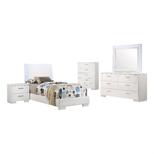 Sok 5pc Twin Bedroom Set- Blue LED Lights- Faux Leather- White Wood