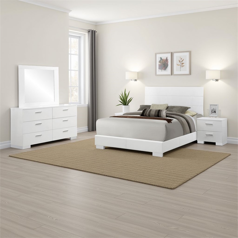 Sok 4pc Queen Bedroom Set with Dresser Mirror- White High Gloss Wood