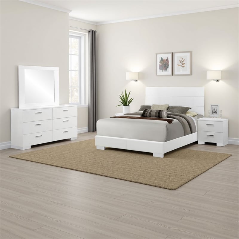 Sok 4pc Queen Bedroom Set with Dresser Mirror- White High Gloss Wood