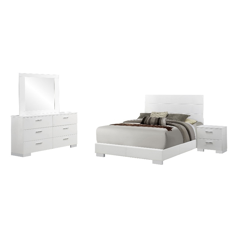 Sok 4pc Queen Bedroom Set with Dresser Mirror- White High Gloss Wood