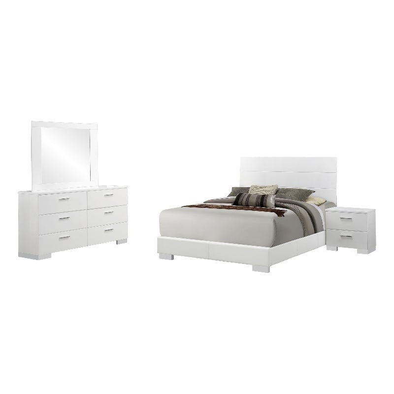 Sok 4pc Queen Bedroom Set with Dresser Mirror- White High Gloss Wood