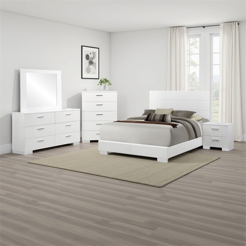 Sok 5pc Queen Bedroom Set with Dresser Mirror- White High Gloss Wood
