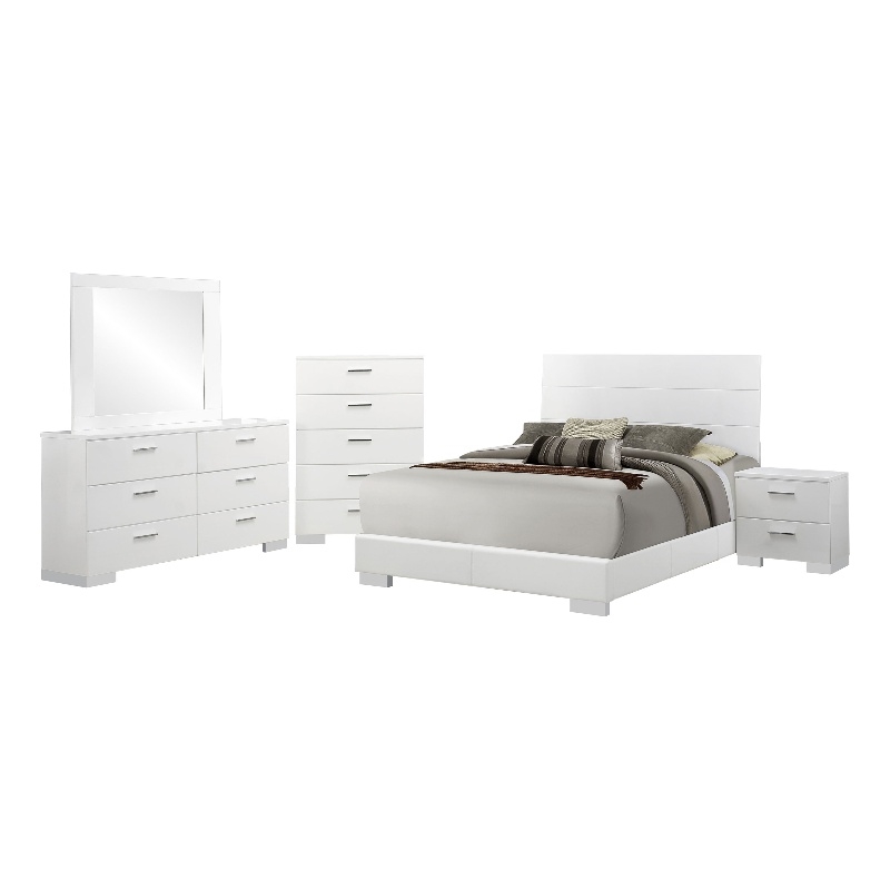 Sok 5pc Queen Bedroom Set with Dresser Mirror- White High Gloss Wood