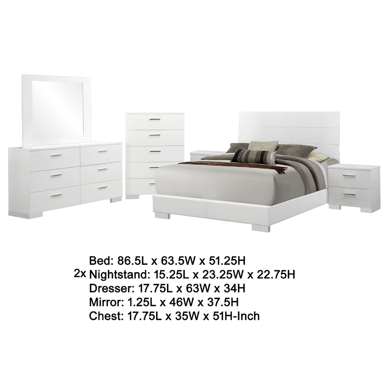 Sok 6pc Queen Bedroom Set with Dresser Mirror- White High Gloss Wood