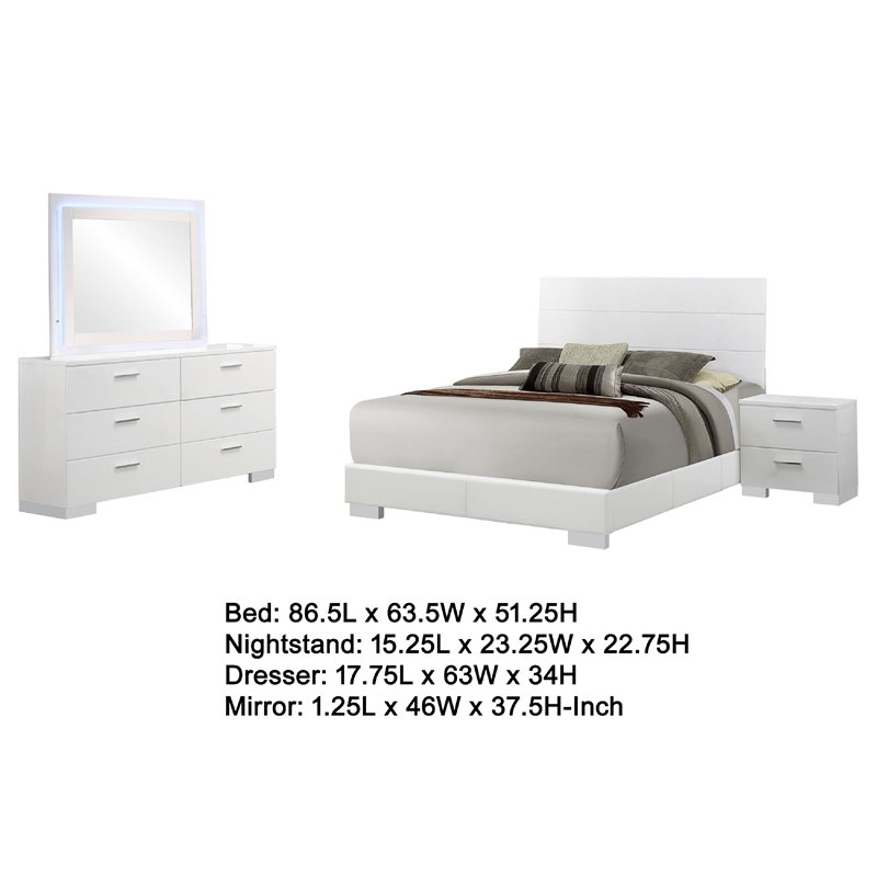 Sok 4pc Queen Bedroom Set- Blue LED Lights- Chrome Metal- White Wood