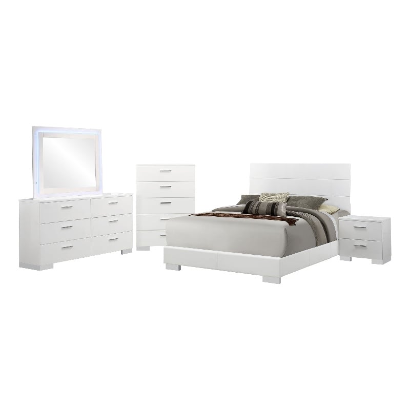 Sok 5pc Queen Bedroom Set- Blue LED Lights- Chrome Metal- White Wood