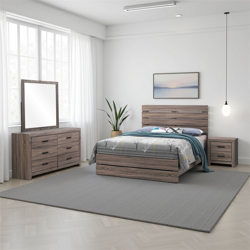 Sili 4pc Queen Bedroom Set w Dresser- Mirror- Oak Brown- Dark Bronze