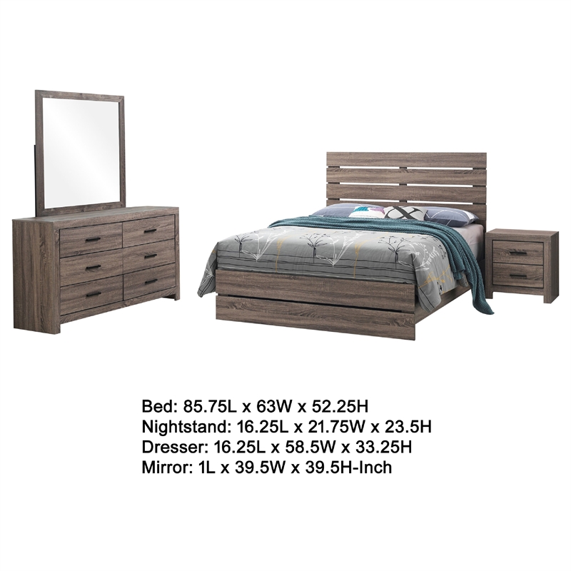 Sili 4pc Queen Bedroom Set w Dresser- Mirror- Oak Brown- Dark Bronze