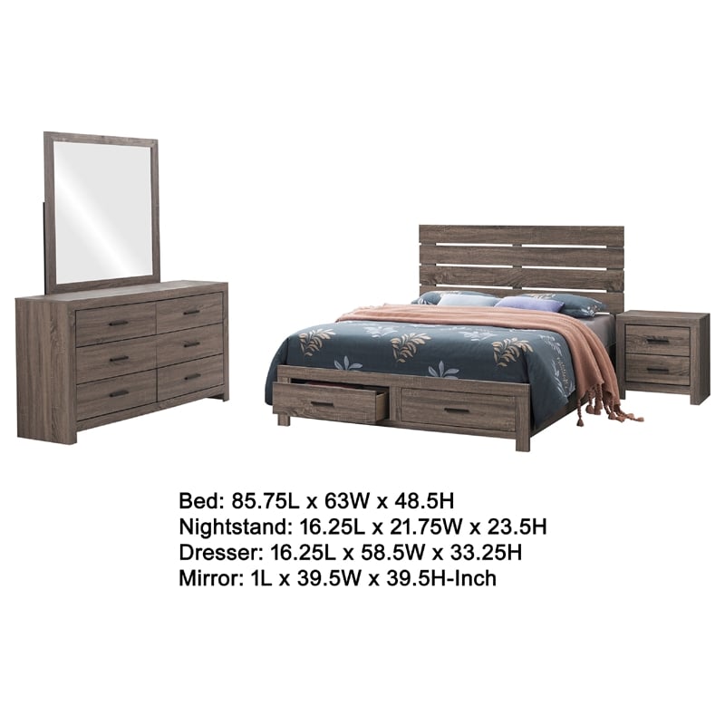 Sili 4pc Queen Storage Bedroom Set- Oak Brown and Dark Bronze