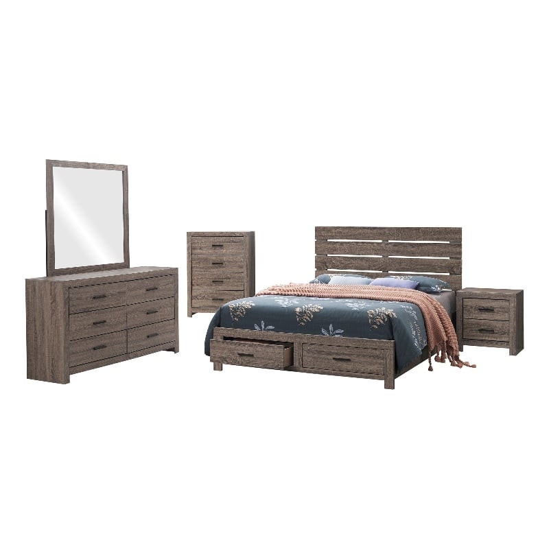 Sili 5pc Queen Storage Bedroom Set- Oak Brown and Dark Bronze- Mirror