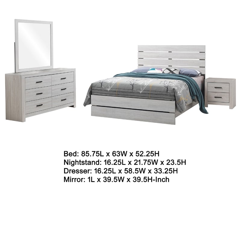 Sili 4pc Queen Bedroom Set- Dresser- Mirror- Coastal White- Bronze