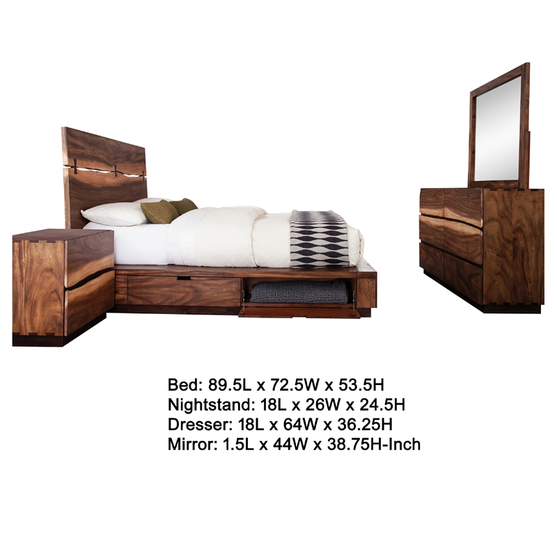Zeko 4pc Queen Bedroom Set with Storage- Live Edge Smoky Walnut Brown