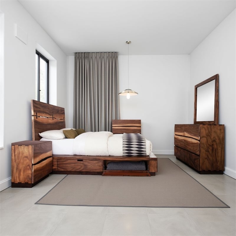 Zeko 5pc Queen Bedroom Set with Storage- Live Edge Smoky Walnut Brown