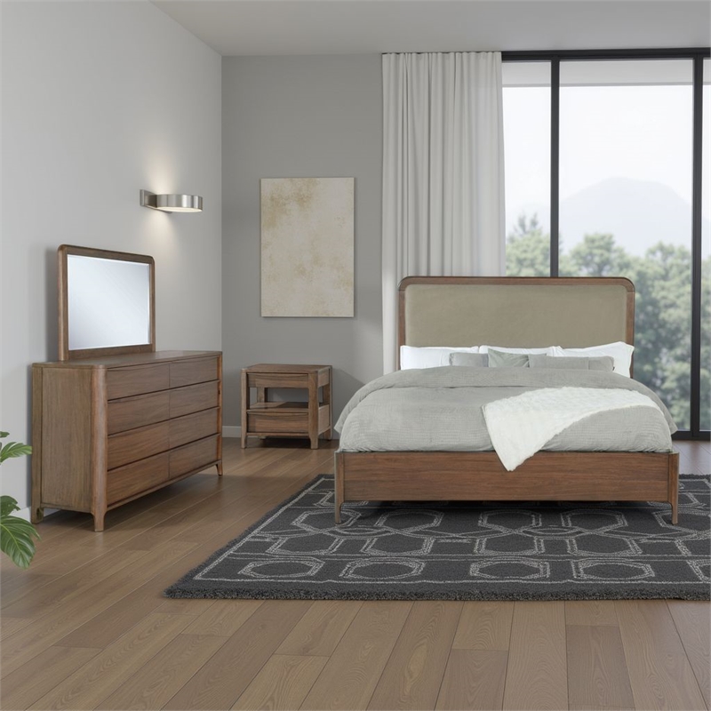 Rie 4pc Queen Bedroom Set with Dresser Mirror- Brown- Beige Upholstery
