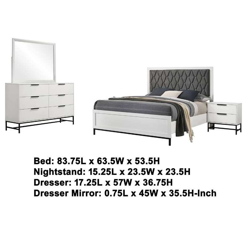 Noro 4pc Queen Bedroom Set- Modern White- Dresser Mirror Nightstand
