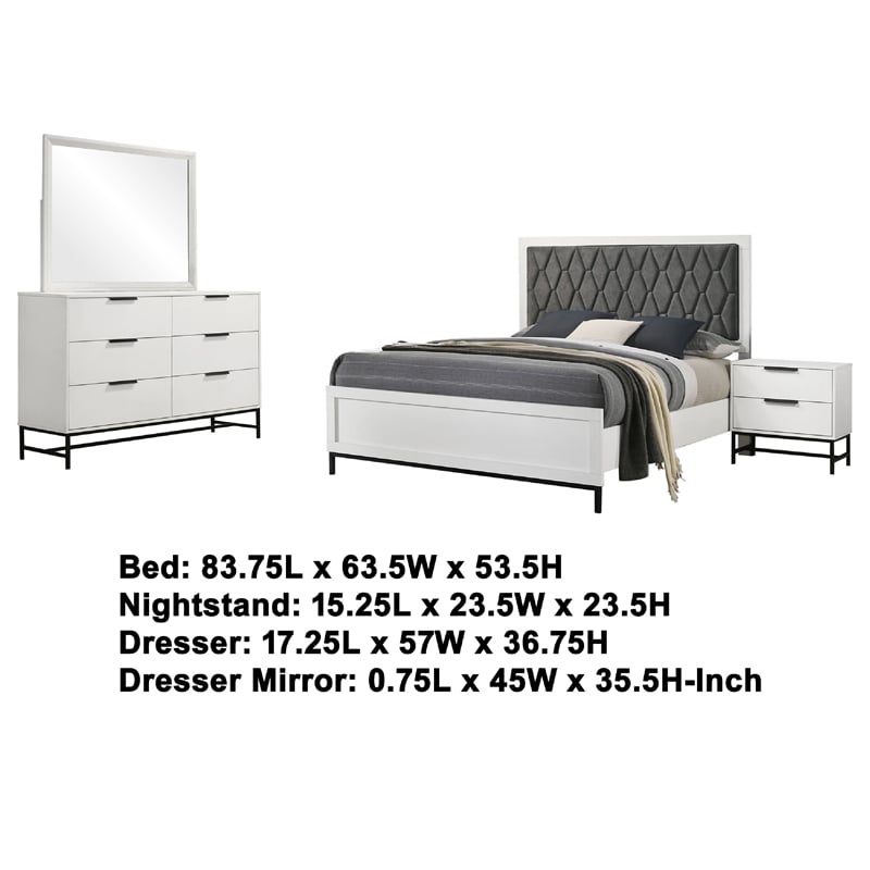 Noro 4pc Queen Bedroom Set- Modern White- Dresser Mirror Nightstand