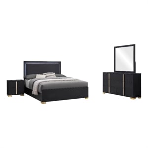 Dex 4pc Queen Bedroom Set with Modern LED Headboard- Mirror- Black