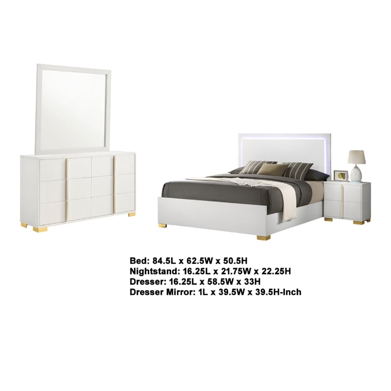 Dex 4pc Queen Bedroom Set with Modern LED Headboard- Mirror- White