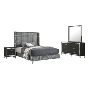 Jenny 4pc Queen Size Bed Set- Gray Velvet Upholstery- Chrome- Black