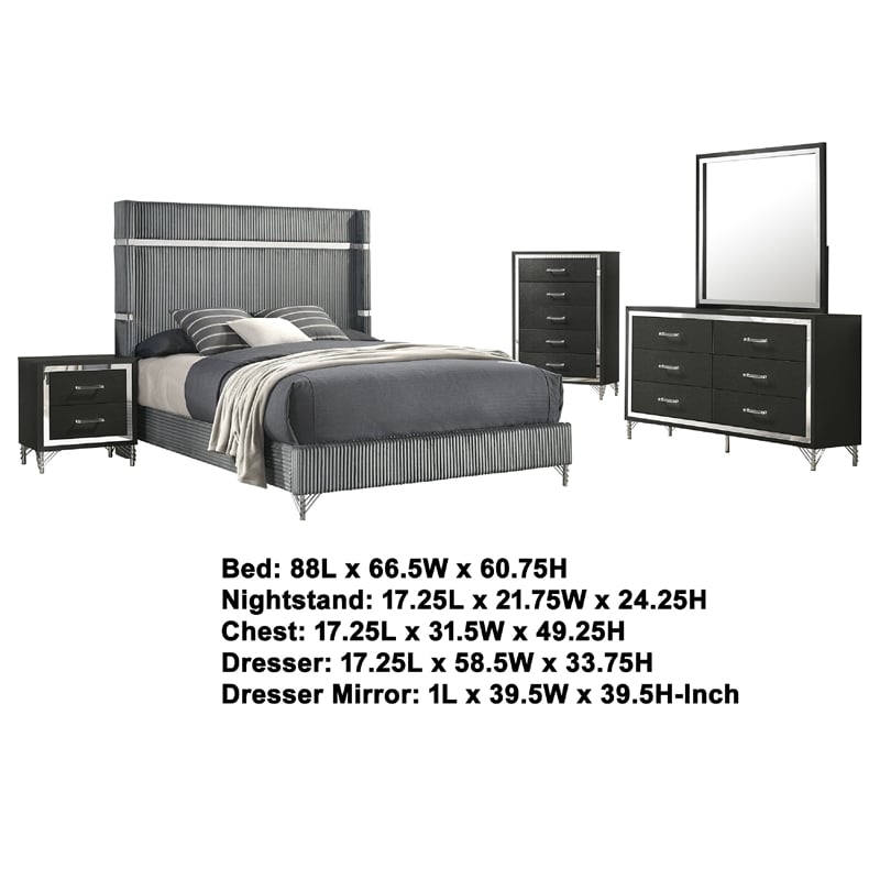 Jenny 5pc Queen Bed Set- Gray Velvet Upholstery- Chrome- Black