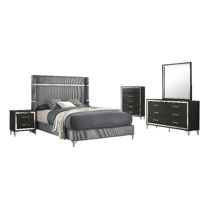 Jenny 5pc Queen Bed Set- Gray Velvet Upholstery- Chrome- Black