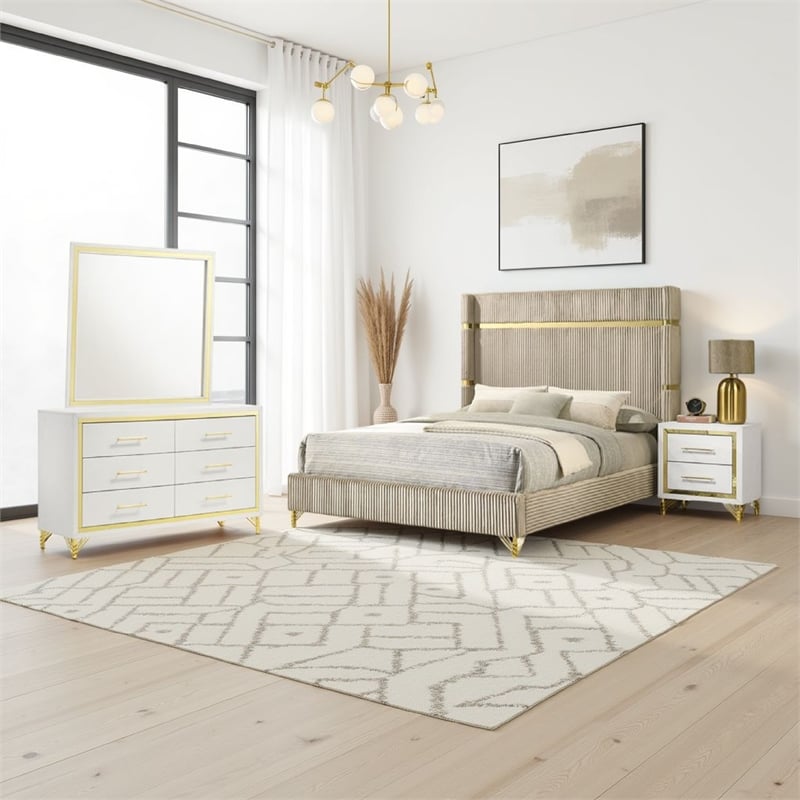 Jenny 4pc Queen Bedroom Set- Textured Beige Wood and Gold Metal Accent