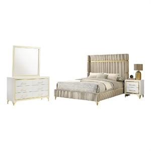 Jenny 4pc Queen Bedroom Set- Textured Beige Wood and Gold Metal Accent